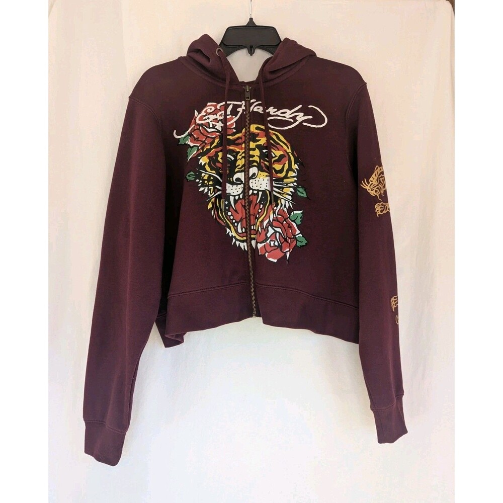 Ed Hardy Cropped Zip Hoodie Women's 1X Dark Red Tiger Sweatshirt Tattoo EHW1800